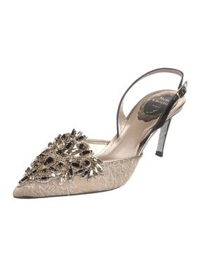 Rene Caovilla Beige Gold Lace Slingback Pump with Jeweled Applique